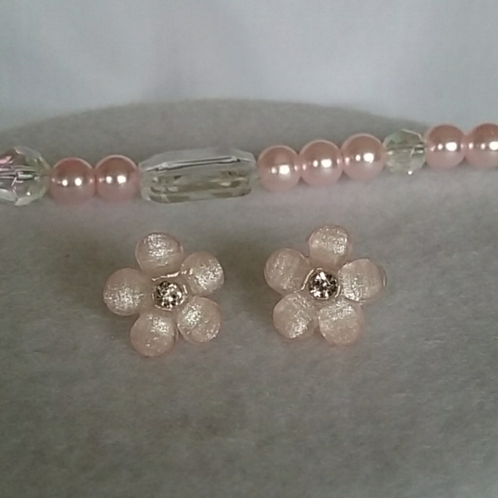 Pink flower and rhinestone post earrings